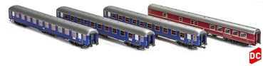 H0 D DB Reisezugwagen Set 4x, Speise- Reisezugwagen, Kl.1, 4A,  Ep.IV, blau, rot, Messezug Hannover, etc..............