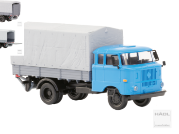 TT D DDR LKW IFA W50L, Speditionskabine mit Holzpritsche, Plane und Ladebordwand, hellblau, etc..............................................................