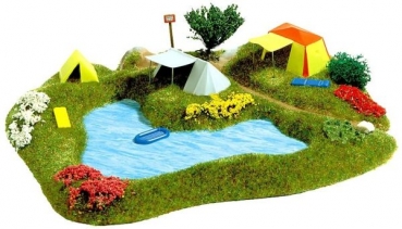 H0 Geländegestaltung BS Badesee mit Campingplatz, 22x 19cm, Felsen, Luftmatratze, Zelt, etc................................................................... - Kopie