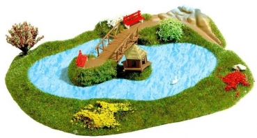 H0 Geländegestaltung BS Parksee mit Brücke, 22x 18cm, Schwanenhaus, Schwan, Bänke, etc................................................................... - Kopie