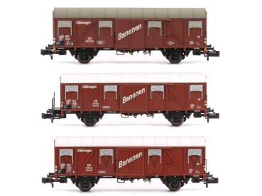 N D DB Wärmeschutzwagen Set 3x, Tnoms 59, ged. Nr.328 994, 329 007, 563 321, mit Bremserbühne, 2A, L= 78- 81mm, Ep.III, braun, " Bananen " ,etc.........................................