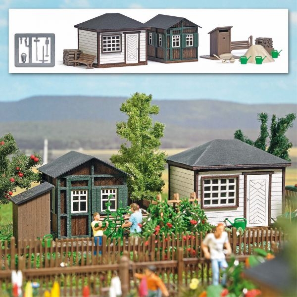 H0 Gebäude BS Gartenlauben Set 1, 46x 39x 39mm, 39x 32x 35mm, Zaun 650mm, etc...........................................................................