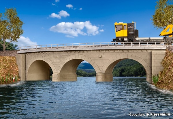 H0 Brücken BS Steinbogenbrücke mit Eisbrecherpfeilern gebogen 1gleisig, L=34x 8x 8cm, FH= 7cm, DH= 4,8cm, DB= 6,5- 8cm, R= 357- 360,, 45°, etc........................................................