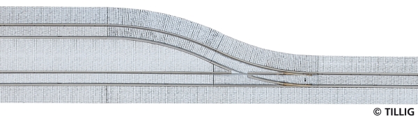 H0m TT Tramgleis Gleis Ausweiche, 422mm, rechts, 1Sp., Pflastersteine
