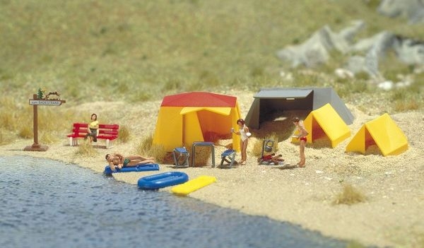 H0 Geländegestaltung Motic- Set: Campingplatz, Klapptisch, Hocker, Schlauchboot, Lagerfeuer, etc................................................................................