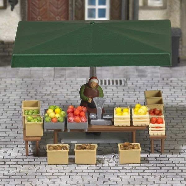 H0 Geländegestaltung Markstand- Obst- Gemüse,  Marktschirm, Kisten, Apfelsorten,  etc......................................................