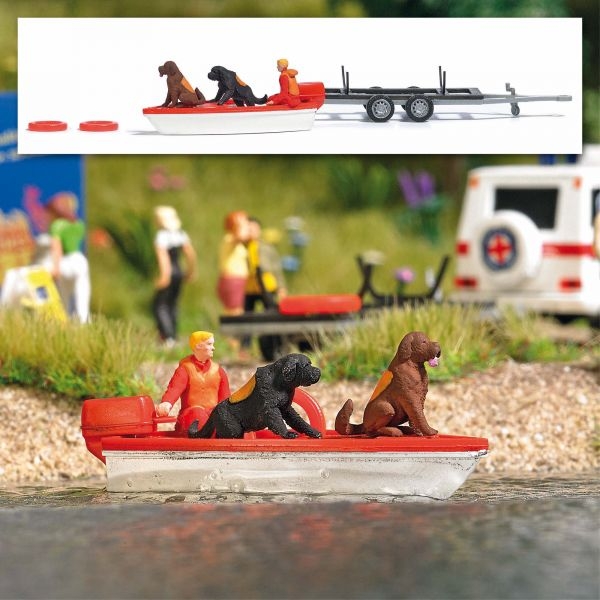 H0 Geländegestaltung Wasserrettung mit Motorboot, Figur, Hunde, Motorboot, etc................................................................................