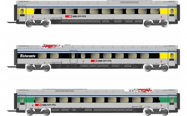 N Ch SBB Ergänzungs- Mittelwagen- Set, 3teilig, ETR 610, 4A, Ep.VI, Cisalpino, etc....................